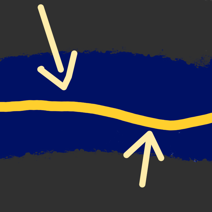 A very simple drawing of a water filled cave with a yellow line inside of it and 2 arrows pointing at the yellow line.